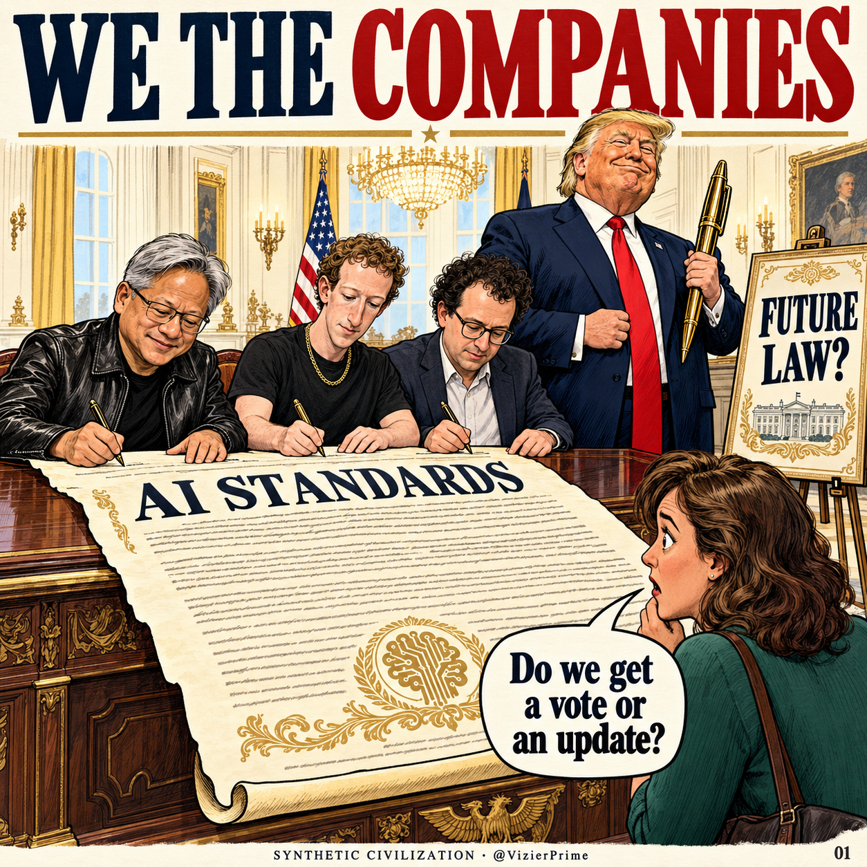 Political cartoon showing major AI and tech figures signing a giant document labeled “AI Standards” under the banner “We the Companies,” while a viewer asks, “Do we get a vote or an update?” A sign nearby reads “Future Law?”